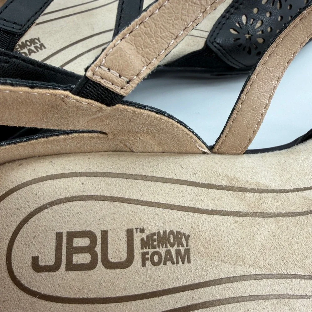 JBU Womens 9.5W Black Bethany Wide Mary Jane Floral Laser Cut Wedge Sandals